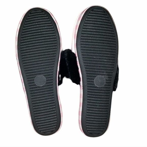 VICTORIA'S SECRET SIGNATURE SATIN SLIPPERS PINK STRIPE WITH FAUX FUR SLIPPER - Picture 11 of 13